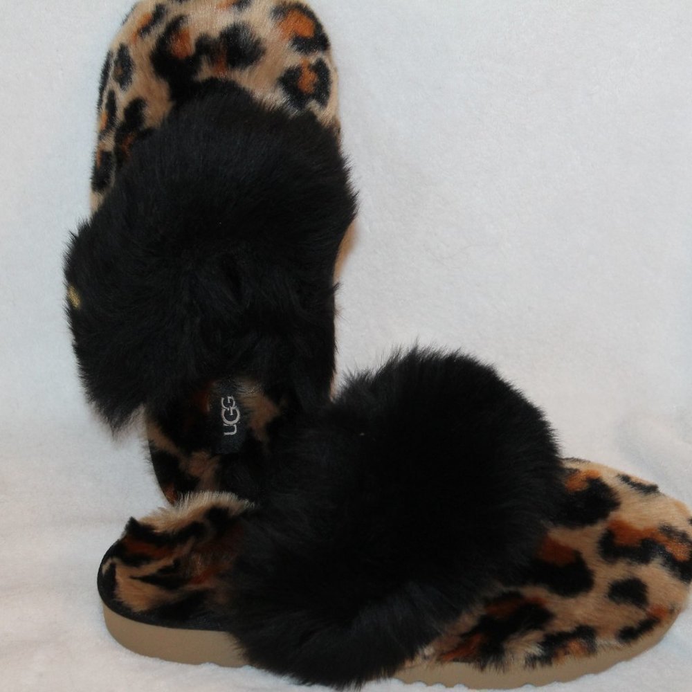 UGG COZY FUR LEOPARD SLIPPERS BLACK CHESTNUT 6